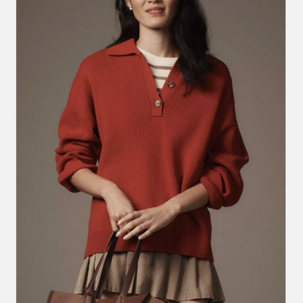 Reformation Red Brooklyn Polo Sweater Organic Cotton Sweater Anthropologie NWT - Picture 8 of 9